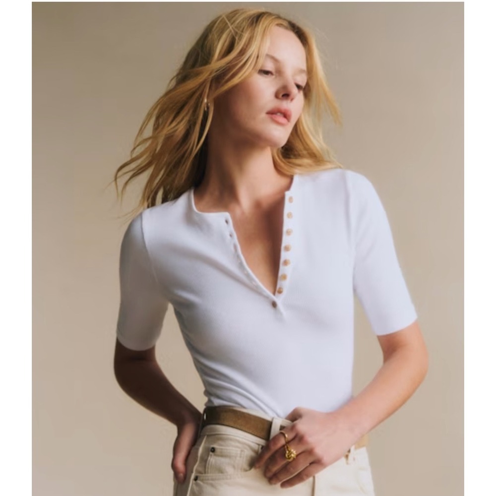 Sézane Theodora T-Shirt White Ribbed Organic Cotton Button Top S